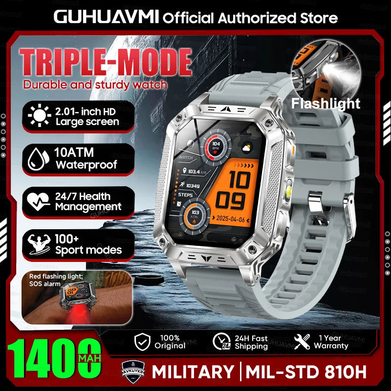2026 Military outdoor SmartWatch Fitness Clock Men 2.01 inch AMOLED Screen 1400mAh Battery Flashlight Call Waterproof Smart Band