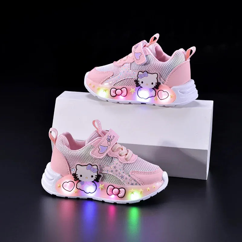 Kids' Casual Shoes Girls' LED Light Cartoon PU Leather Fashion Sports Flat-Bottomed Breathable Shoes White Pink Size 21-30