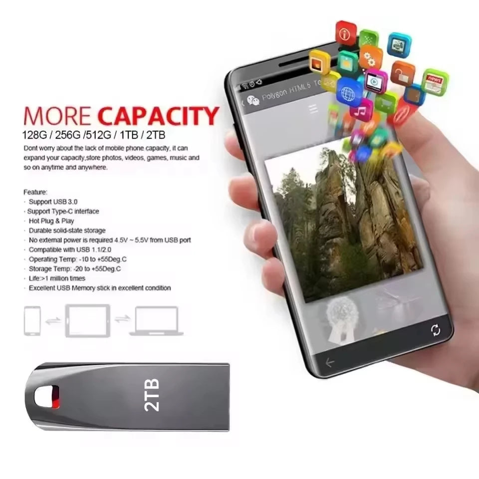 2TB USB 3.2 Metal Flash Drives High Speed Pendrive 1TB Portable USB Drive Waterproof Memoria USB Flash Disk Upgraded New