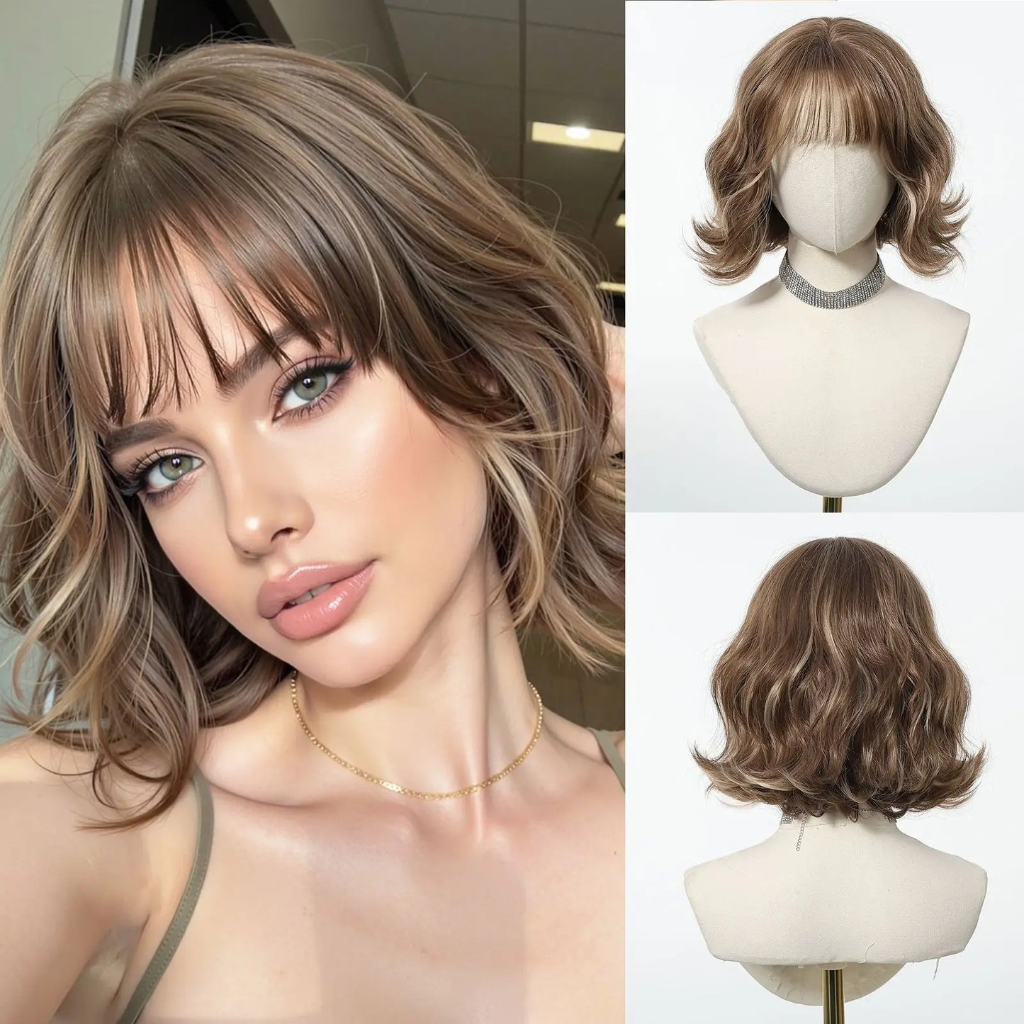 Dark Brown Wavy Bob Synthetic Wigs with Bangs Short  Natural Hair for Women Use Daily Party Cosplay Heat Resistant Fiber