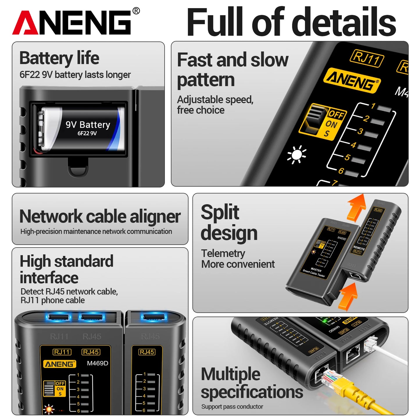 ANENG M469D network line finder RJ45RJ11 dual interface telephone line and network cable on/off detection split type line tester