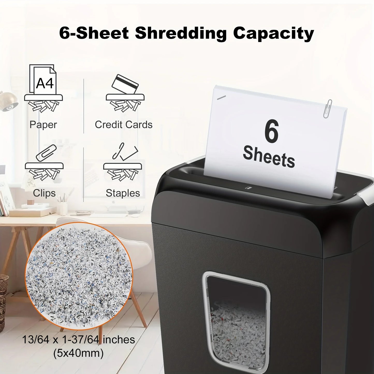 6-Sheet Cross-Cut Paper Shredder with 3.4-Gallon Wastebasket for Home Office, Shreds Credit Cards, Paper, Mail, Staples and Clips, Documents Shredder