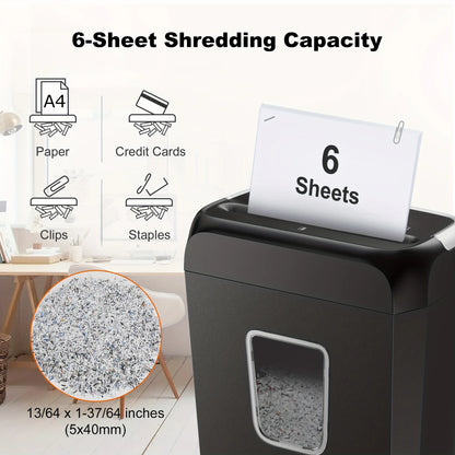 6-Sheet Cross-Cut Paper Shredder with 3.4-Gallon Wastebasket for Home Office, Shreds Credit Cards, Paper, Mail, Staples and Clips, Documents Shredder