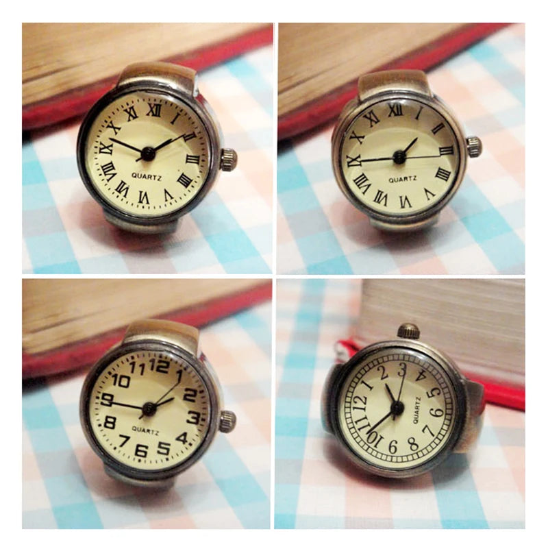 Vintage Punk Finger Watch, Mini Elastic Strap Alloy Watch, Couple Rings, Jewelry Clock, Retro Roman Quartz Watch Rings, For Women, For Men