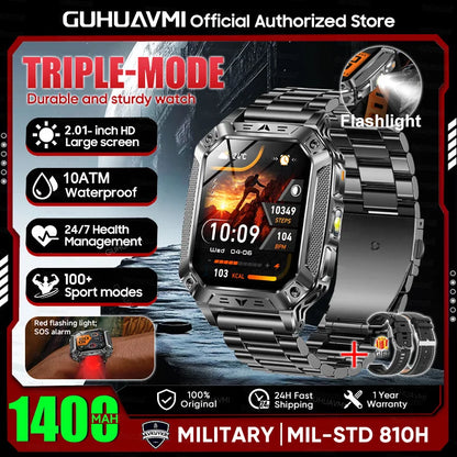 2026 New Military 1400mAh Battery Smart Watch LED Flashlight 10ATM Waterproof Heart Rate Voice Call Men 120+Sports Smart watchs