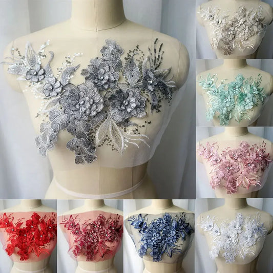 Grey Blue Red 3D Flower Leaf Lace Fabric Sequin Rhinestone Embroidered Gown Appliques Collar Mesh Sew Patch For Wedding Decor