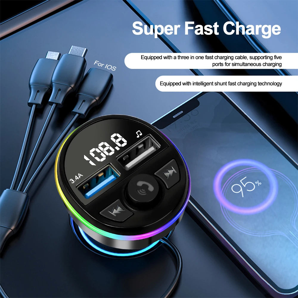 Bluetooth 5.0 FM Transmitter Car MP3 Modulator Player Handsfree Audio Receiver PD+USB Phone Charger With 3 in 1 Charge Cable