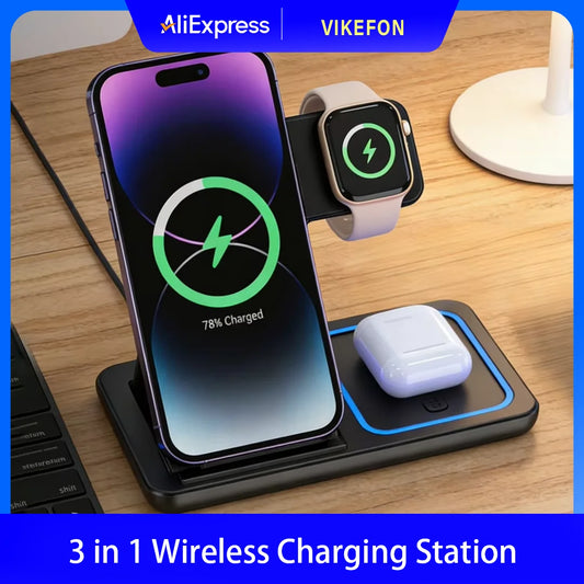 Estación de carga inalámbrica plegable 3 en 1 para iPhone 17 16 15 14 13 12 Pro Max iWatch 11 Airpods Pro 4/3, base de cargador rápido