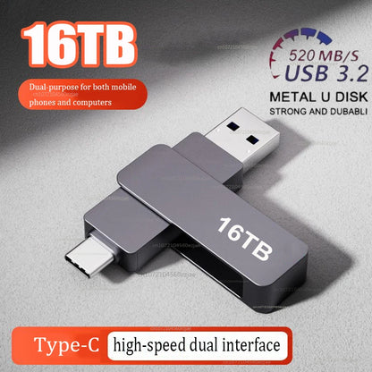 High Speed 16TB Flash Drive USB 3.2 Metal U Disk Type-C Memory Stick Waterproof Storage PC Phone Data Transfer 2026 New
