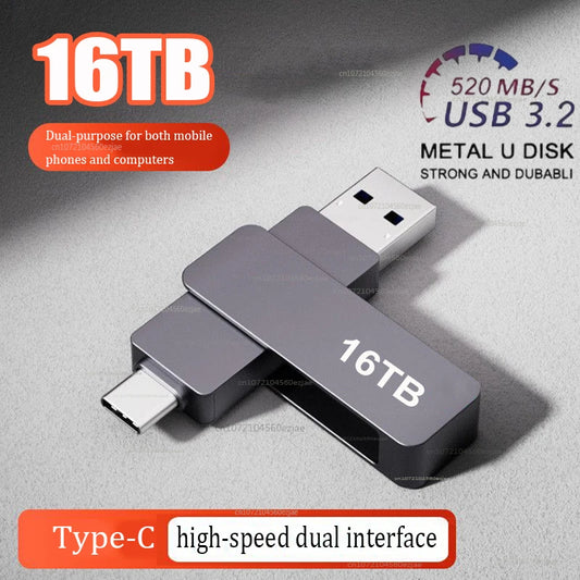 High Speed 16TB Flash Drive USB 3.2 Metal U Disk Type-C Memory Stick Waterproof Storage PC Phone Data Transfer 2026 New