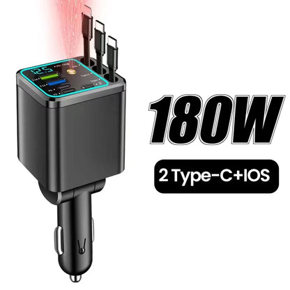KEBIDUMEI 180W Car Charger PD30W USB 3.1A Phone Charger Digital Display Fast Charging Retractable Cable Adapter Car Accessories