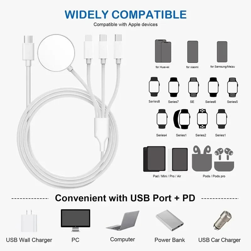 Portable 4-in-1 Magnetic Watch Wireless Charger Charging Data Cable for iPhone 15 14 13 12 11 Pro Max iWatch 8 Ultra 7 6 SE 5 4