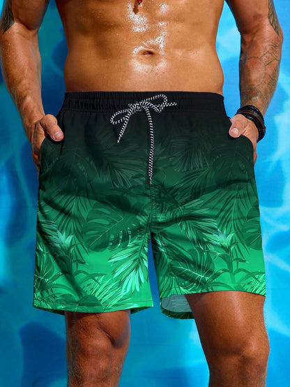 Men's Hawaiian 3D Gradient Palm Tree Pattern Beach Shorts, Quick Dry Outdoor Leisure Sports Shorts, Fashion Men's Shorts