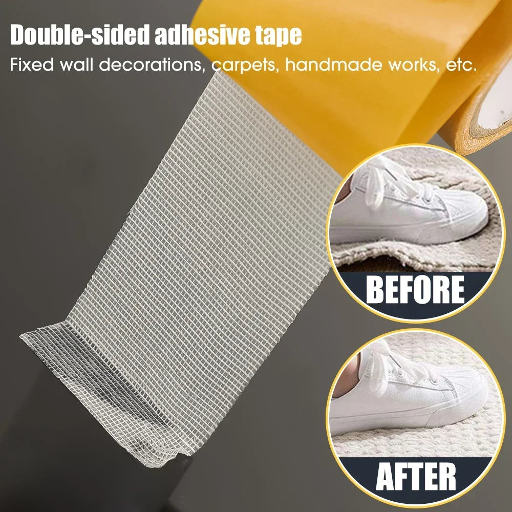 Cinta de doble cara con base de tela, transparente, de alta resistencia, autoadhesiva, con malla de fijación, impermeable, alta viscosidad, pegatinas para alfombras