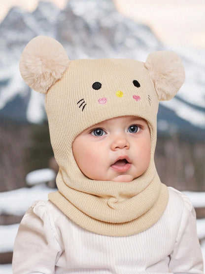 One-piece caps, scarves, and ear protectors for autumn and winter, and embroidered cat headscarves for boys and girls aged 1-6