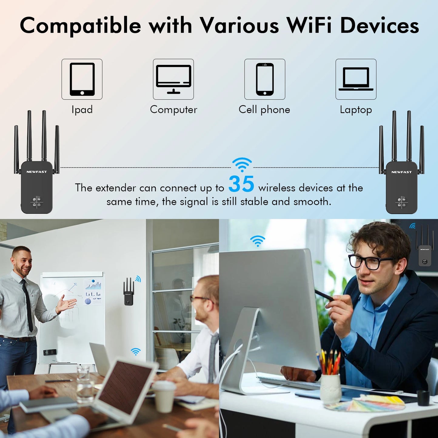 Newfast 1200Mbps WiFi Repeater Long Range OLED 5Ghz WiFi Signal Extenders Amplifier Signal Booster Antenna Repeater UK Plug
