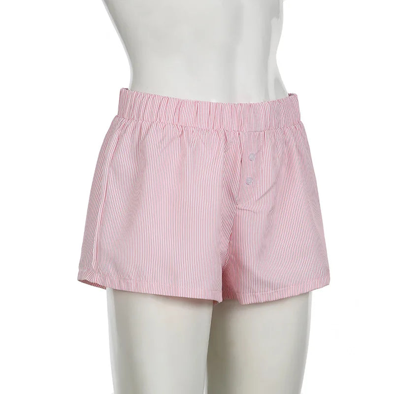 Striped Print Casual Shorts for Women, Elastic Waist Fashion Button Bottoms Streetwear, Chic Basic Y2K Loose Shorts