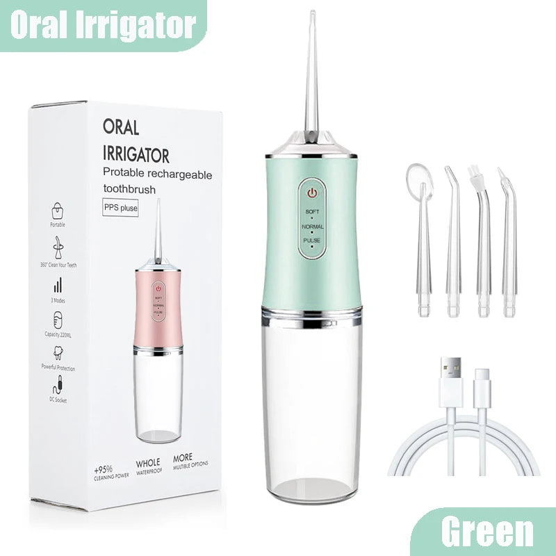 Oral Irrigator, Portable Dental Water Flosser, USB Rechargeable Water Jet Floss, Tooth Pick 4 Jet Tip 220ml 3 Modes