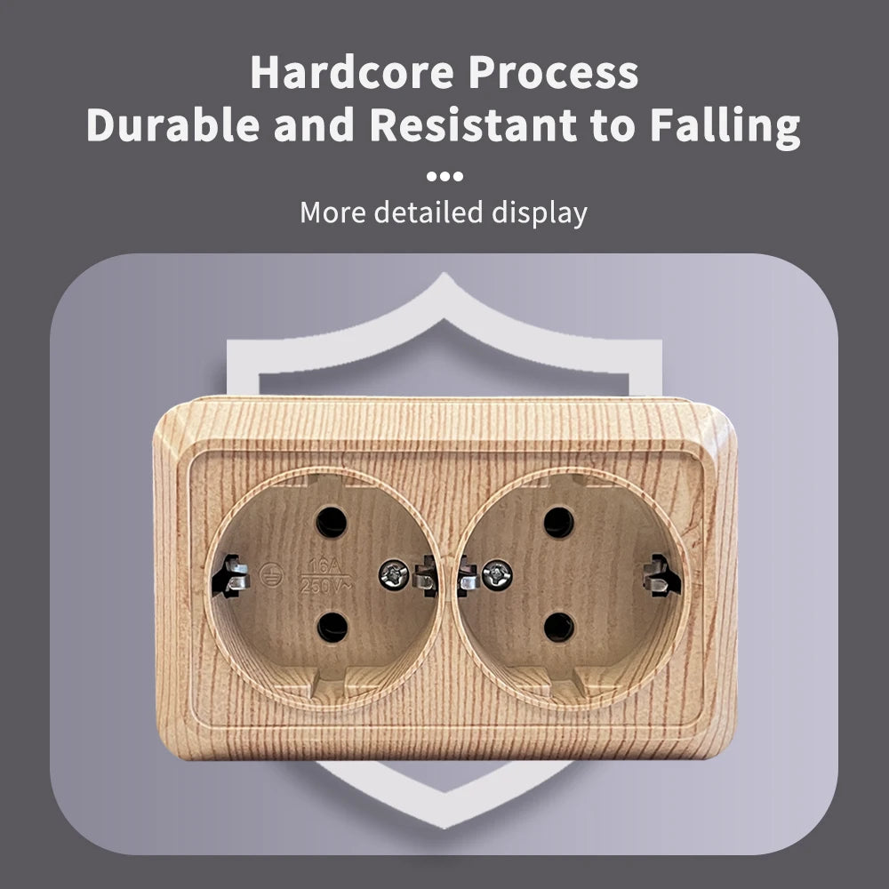 Wood Paint Wall Surface 2 Sockets Plugs EU Exterior Electrical Outlets With Ground Outdoor Power Socket Flame Retardant Plastic