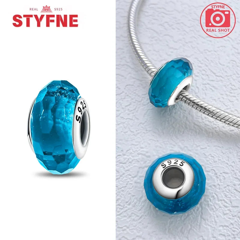 925 Sterling Silver Blue Series Crystal Enamel Murano Charm Bead Fits Original Bracelet for Women DIY Fine Jewelry Gifts
