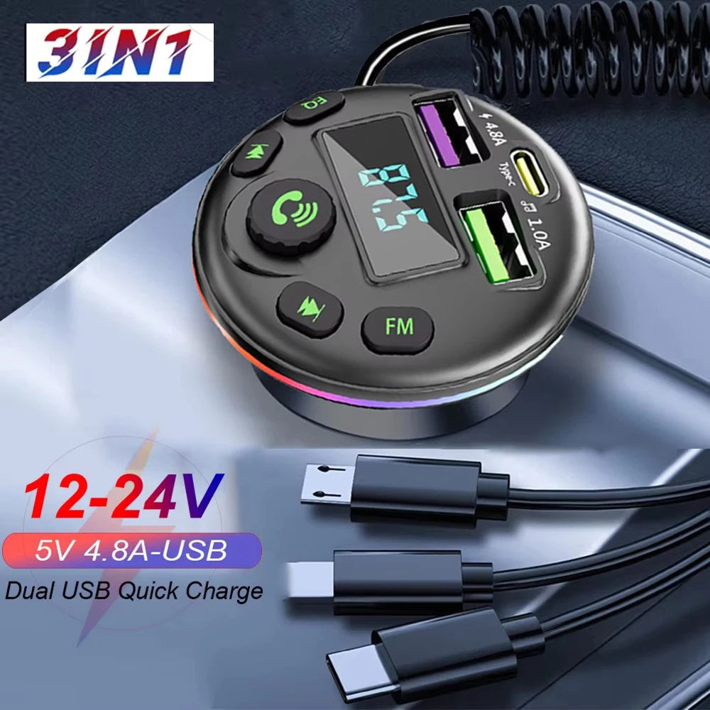 Car Bluetooth 5.0 FM Transmitter MP3 Modulator Player Handsfree Audio Receiver With 3 in 1 Charge Cable for IPhone Huawei Xiaomi
