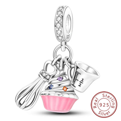 Dijes de plata de ley 925 originales, abalorios de cristal de vino, taza de café, dije colgante para pulseras de mujer, joyería DIY, regalo