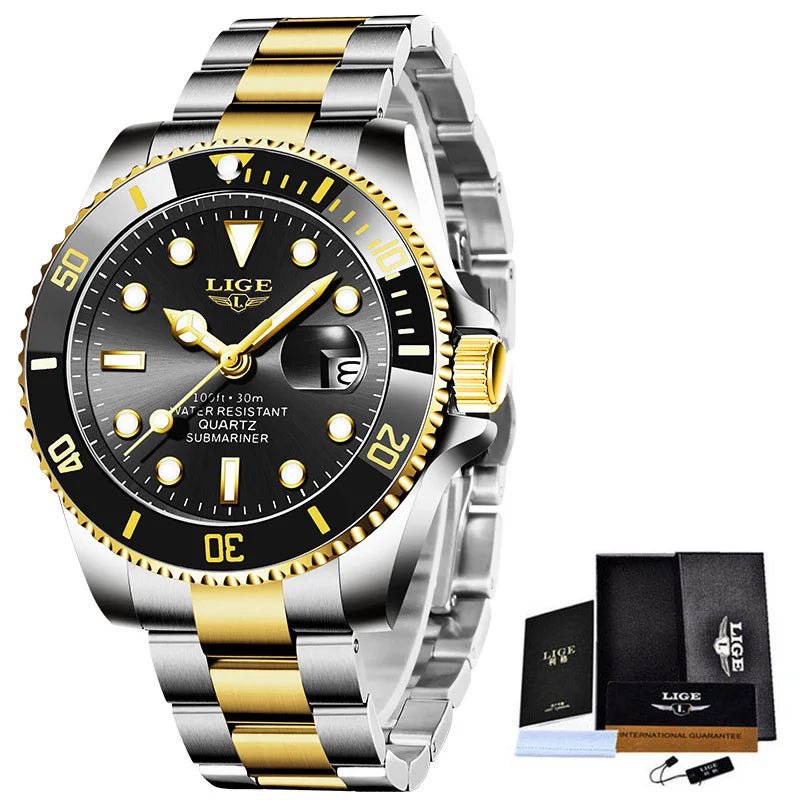 Luxury Fashion Diver Watch For Men, 30ATM Waterproof Date Clock, Sports Watch For Mens, Quartz Wristwatch, Relogio Masculino, LIGE Top Brand