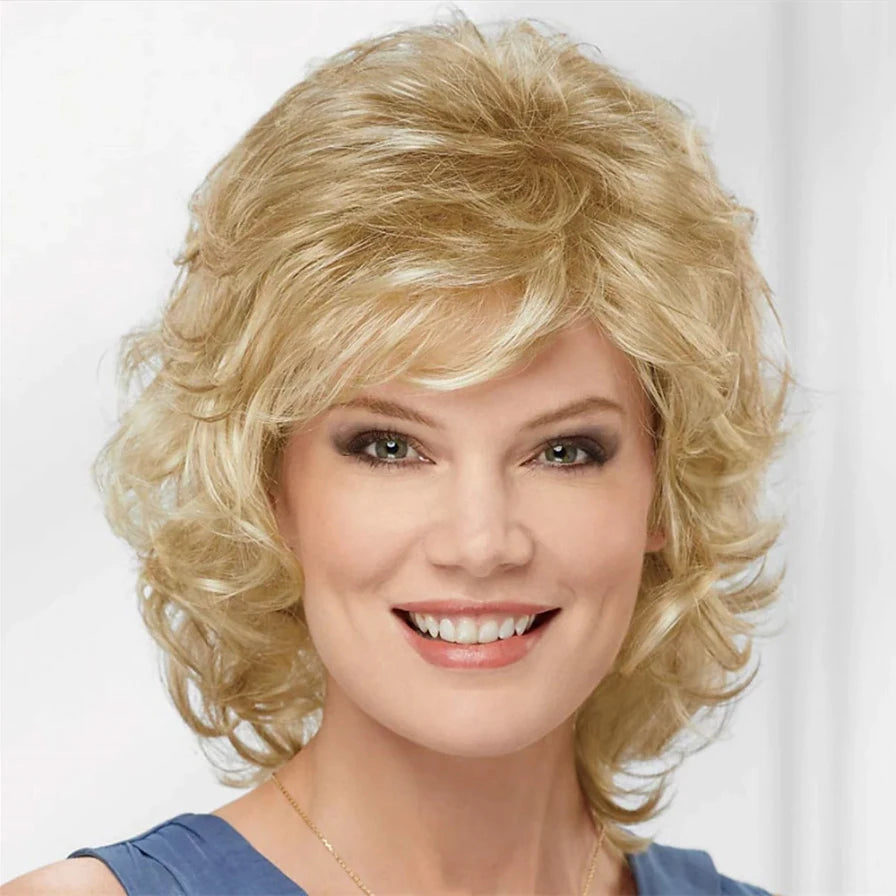 Women Synthetic Hair Wigs, Short Curly with Bangs, Shoulder Length  Blonde Grey White Brown Wig, HAIRJOY