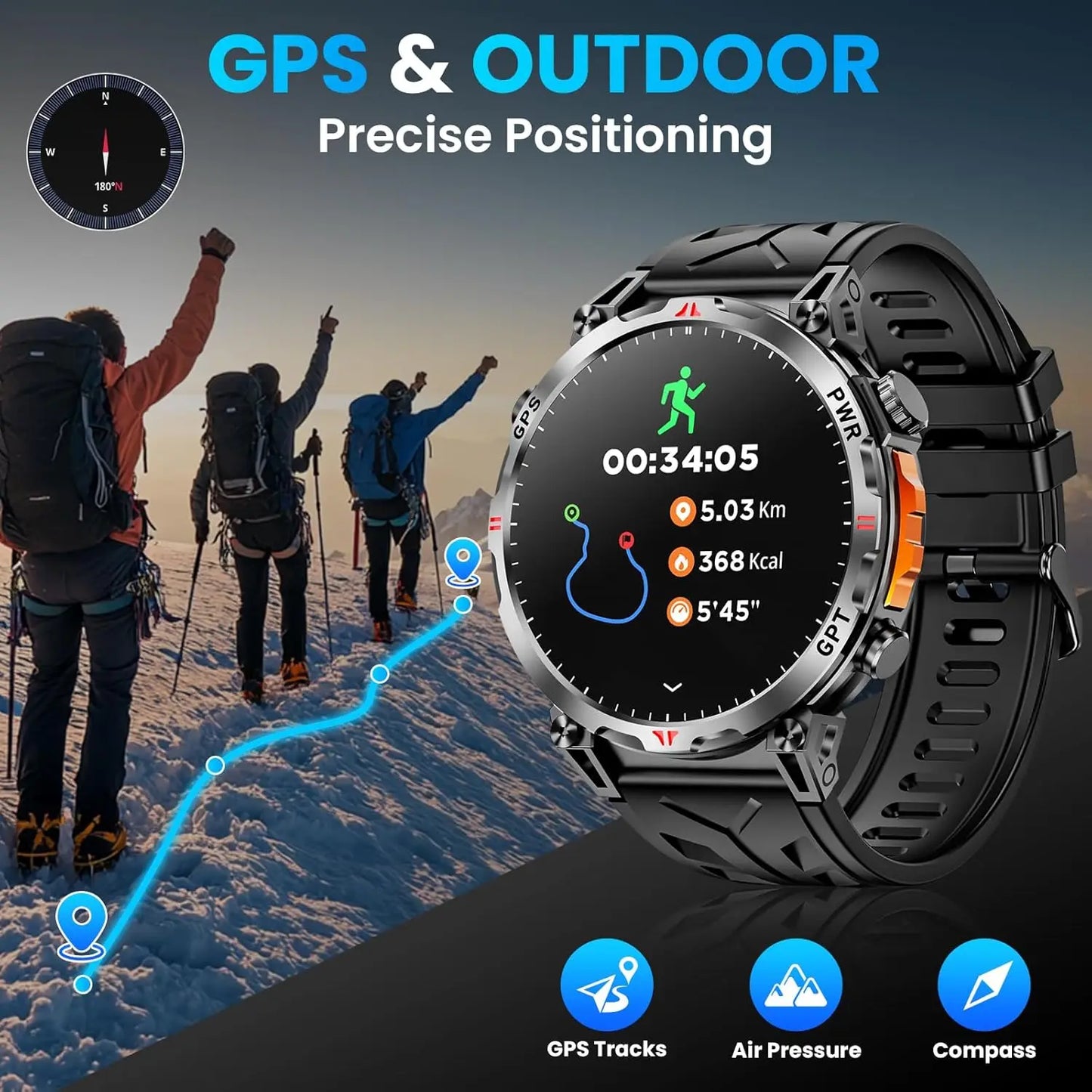 2026 New Outdoor GPS Sports Smartwatches Men Compass 10ATM Waterproof 24/7 Health Monitoring ChatGPT Bluetooth Call Smart Watch