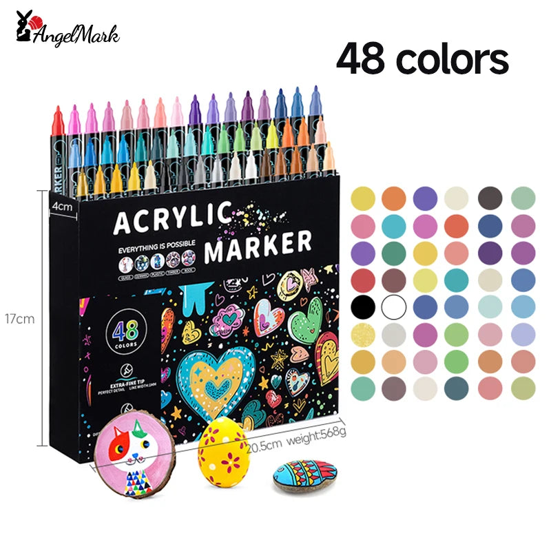 Acrylic Marker Pen, Double Headed Waterproof Art Painting Supplies, School Stationary, Graffiti Drawing 12-72 Colors, ANGEL MARK