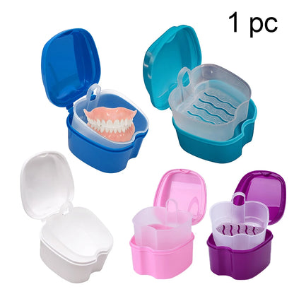 Denture Bath Box, Organizer, Dental False Teeth Storage Box with Hanging Net Container Cleaning Teeth Cases, Artificial Tooth Boxes