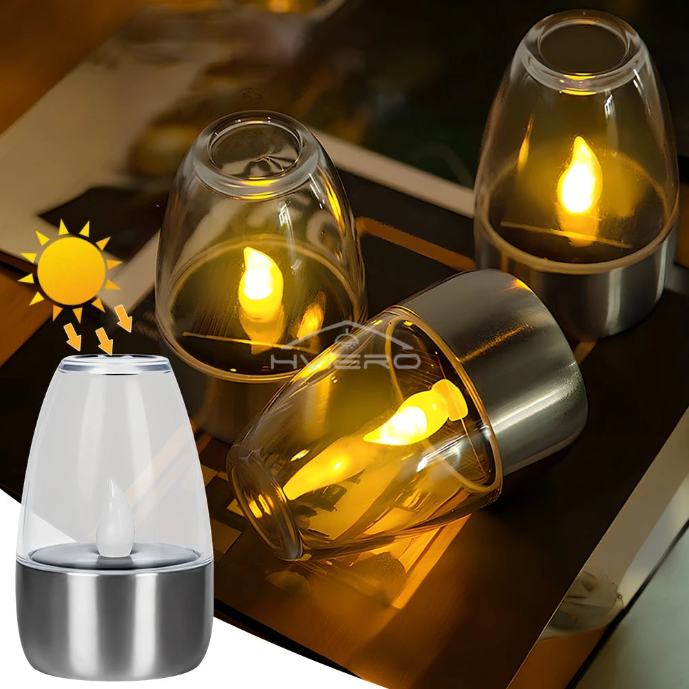 Solar Light LED Stainless Steel Candle, Outdoor Courtyard Decorative Atmosphere Night Lights Halloween Candlelight, Dinner Lamping