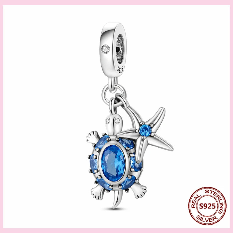PAMELA 925 Sterling Silver Sea Turtle Starfish Blue Charm Dolphin Octopus Shell Bead For Original Charms Bracelets Ocean Jewelry