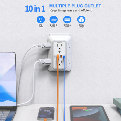 US Multi Socket, Wall Socket with 6 AC Outlets, 4 USB Port(2 Type C), Universal Plug, Power Strip, Network Filter, Fast Charging