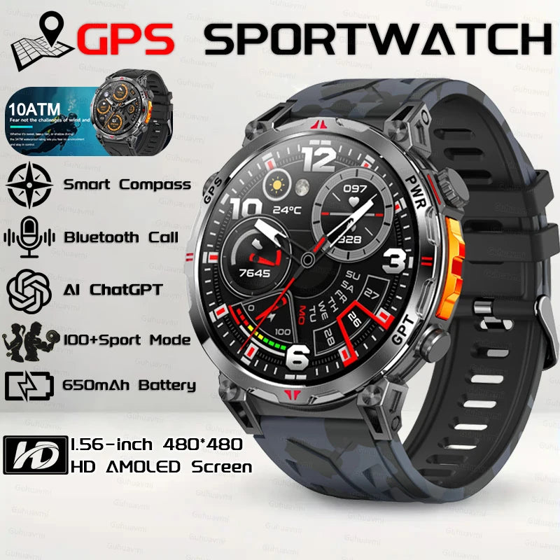2026 New Outdoor GPS Sports Smartwatches Men Compass 10ATM Waterproof 24/7 Health Monitoring ChatGPT Bluetooth Call Smart Watch