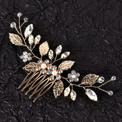 Crystal Pearl Hair Comb Clip Pin Alloy Leaf Hair Comb Handmade Headband Tiara For Women Bride Wedding Hair Accessories Jewelry