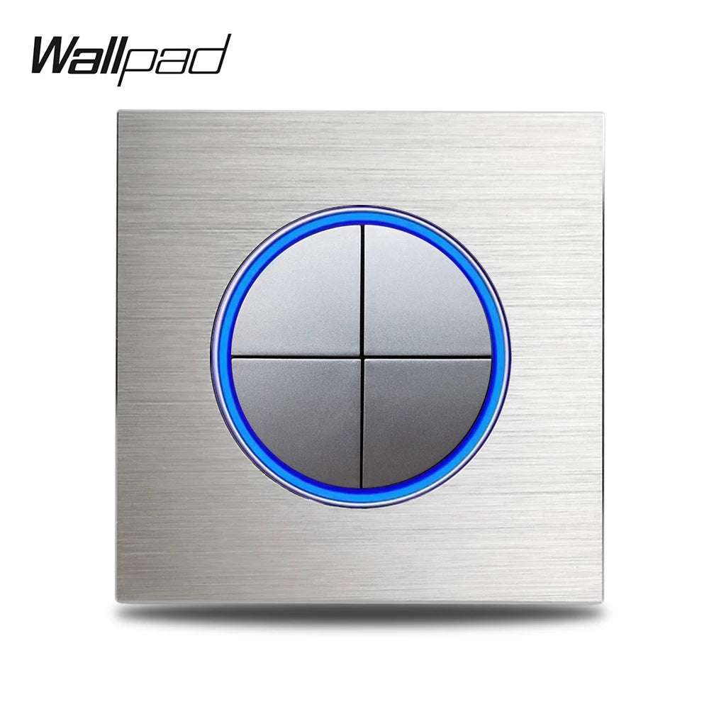 Wallpad Wall Switch 1 Way 2 Way, Circle Round Button, Blue LED Indicator, Brushed Aluminum Finishing, Black Gold SIlver Brown