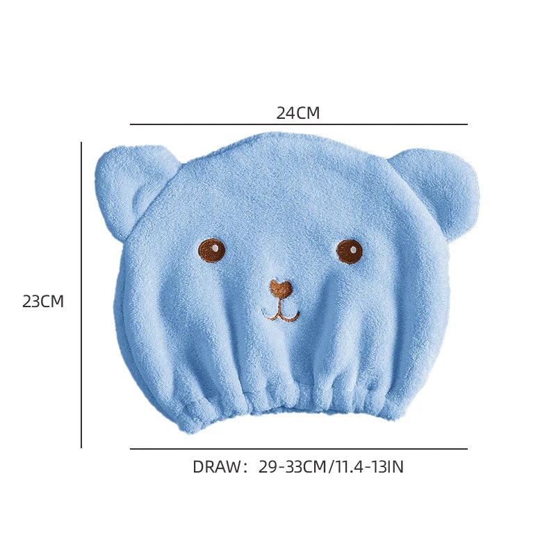 Thinnest Dry Hair Cap for Women, Quick-Drying Absorbent Microfiber Head Towel with Korean Cute Bear Embroidery, Shower Cap Towel