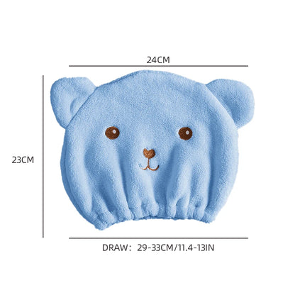 Thinnest Dry Hair Cap for Women, Quick-Drying Absorbent Microfiber Head Towel with Korean Cute Bear Embroidery, Shower Cap Towel