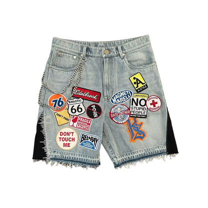 American Retro Denim Shorts, Y2K Jeans Harajuku Hip Hop Cartoon Embroidery Retro Baggy Shorts, Low Waist Sports Basketball Shorts