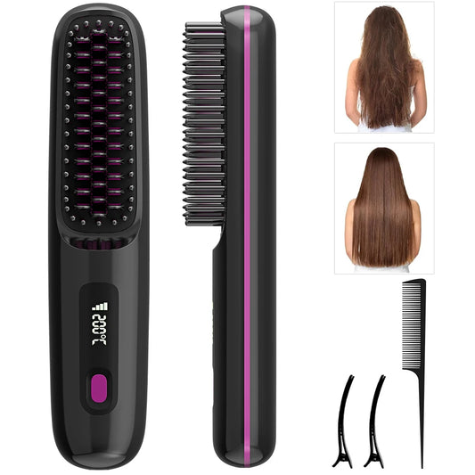 Rechargeable Hair Straightener Brush, Ionic Straightening Comb - 20s Fast Heating, 3 Temp Settings & LED Display for Home Salon