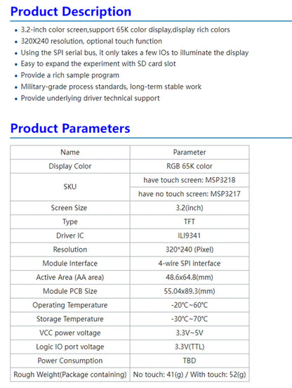 2.2 /2.4/2.8/3.2/3.5/4.0 Inch SPI TFT LCD Touch Panel Serial Port Module,  ILI9341  240x320 Serial LED Display