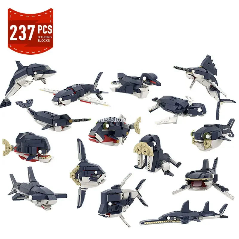 MOC Marine Animals Shark Whale Megalodon Building Blocks Set Deep Sea Rescue Fish Bricks Educational Assembly Model Toys Gifts