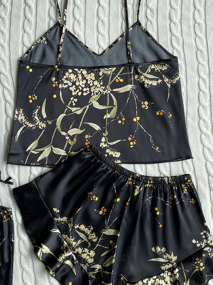 Elegant Floral Print Cami Tops Ruffle Hem Shorts Pajama Set, Women's Sleepwear, Loungewear