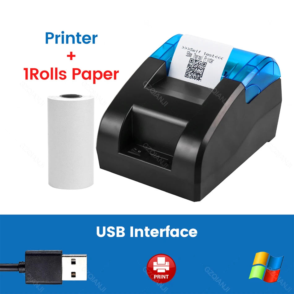 58MM Desktop POS Cashier Printer USB Bluetooth Thermal Receipt Printer Restaurant Sales Kitchen Bill Printing for Mobile Windows