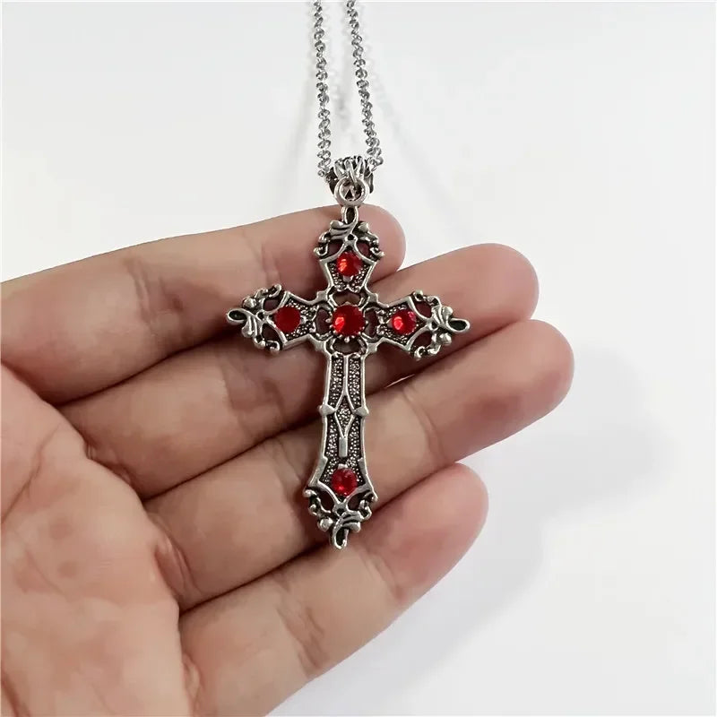 Y2K Punk Crystal Big Cross Pendant Necklaces for Women Men, Gothic Irregular Cross Clavicle Chain Necklaces, Aesthetic Jewelry