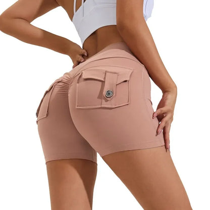 Summer Peach Butt Fitness Exercise Shorts, Three-Quarter Pants, Cargo Air Dry Pocket Yoga Tight Pants, Lift the hips Women's Shorts
