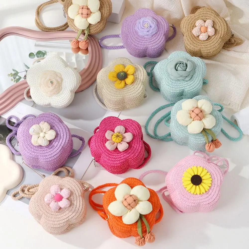 Bolso bandolera de paja duradero, monedero tejido con flores, bolso de mano para niñas, bolso de hombro tipo mensajero para niños, mini bolso de princesa lindo de verano