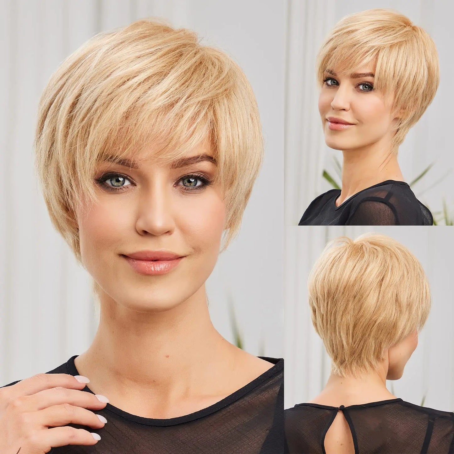 100% Remy Human Hair Wigs, Ombre Blonde Short Bob Pixie Cut Machine Made Wig with Bangs, Human Hair Natural Layered Wigs for Women