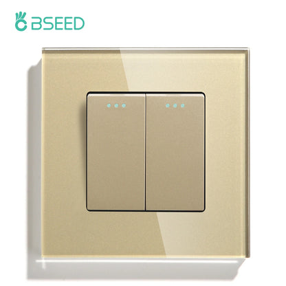 Bseed EU Standard Mechanical Reset Switch 1/2/3Gang 1Way Push Button Switches With Crystal Glass Panel White Black 250V